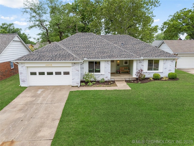 ranch-style house with roof with shingles, concrete driveway, a front yard, and brick siding