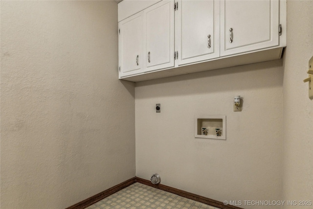 washroom with hookup for an electric dryer, light floors, cabinet space, baseboards, and washer hookup