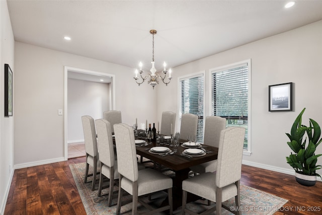 21083 Stick Ross Mountain Rd, Tahlequah, OK 74464 - dining room with a chandelier, dark wood-style floors, baseboards, and recessed lighting