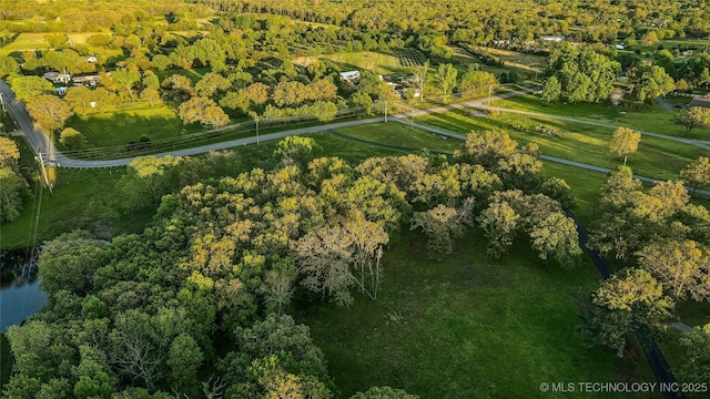 bird's eye view with a rural view and a view of trees