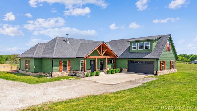 9153 S 4270th Rd, Chelsea, OK 74016 - view of front of property featuring roof with shingles, a front lawn, stone siding, covered porch, and concrete driveway