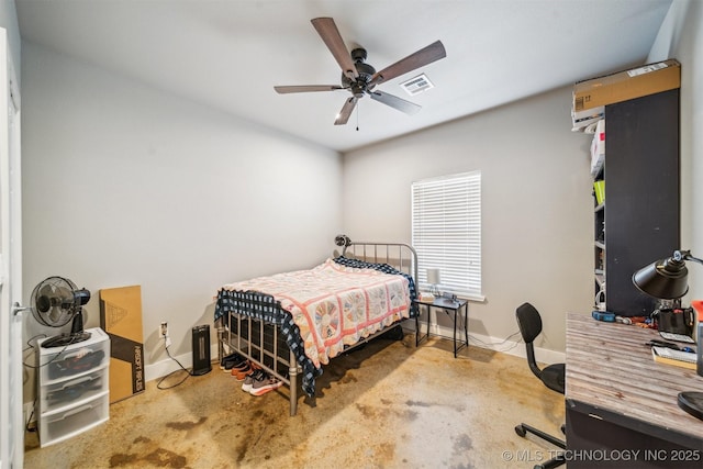 9153 S 4270th Rd, Chelsea, OK 74016 - bedroom with concrete floors, visible vents, a ceiling fan, and baseboards