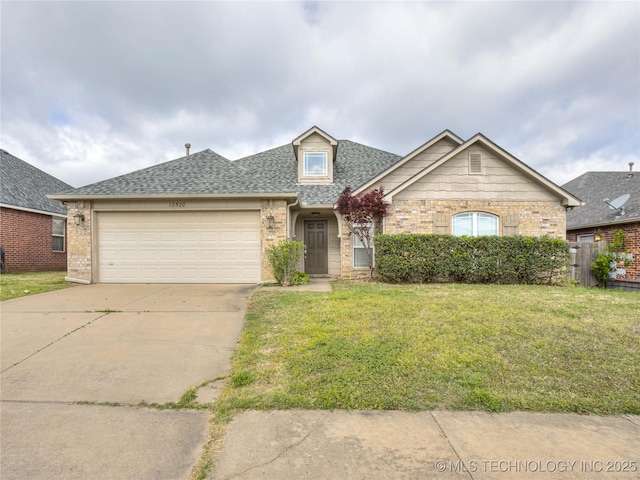 12520 S Birch Ave, Jenks, OK 74037 - view of front of house featuring driveway, a front lawn, a garage, roof with shingles, and brick siding