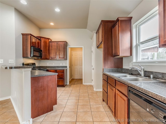 12520 S Birch Ave, Jenks, OK 74037 - kitchen with black appliances, dark countertops, light tile patterned floors, lofted ceiling, and recessed lighting
