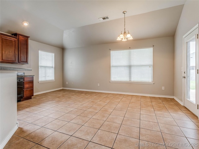 12520 S Birch Ave, Jenks, OK 74037 - unfurnished dining area with light tile patterned floors, lofted ceiling, and a chandelier