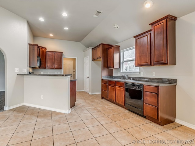 12520 S Birch Ave, Jenks, OK 74037 - kitchen featuring black dishwasher, dark countertops, vaulted ceiling, arched walkways, and a peninsula