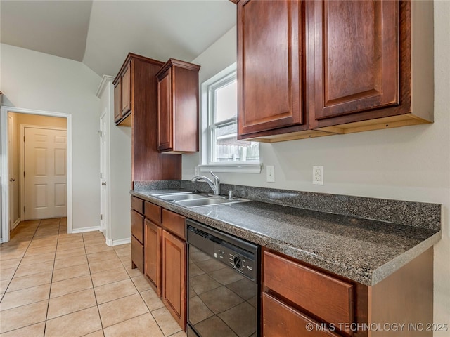 12520 S Birch Ave, Jenks, OK 74037 - kitchen featuring black dishwasher, dark countertops, vaulted ceiling, and light tile patterned floors