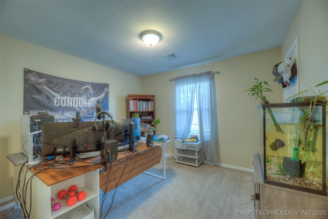 3249 S 138th E Ave, Tulsa, OK 74134 - home office with carpet floors, a textured ceiling, visible vents, and baseboards