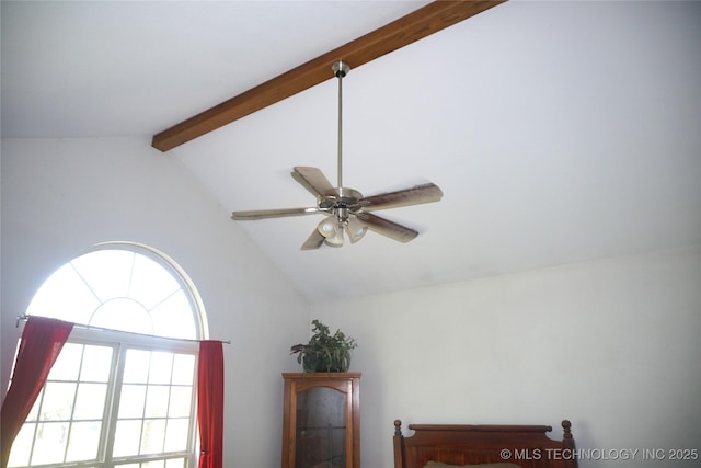 interior details featuring ceiling fan and beamed ceiling