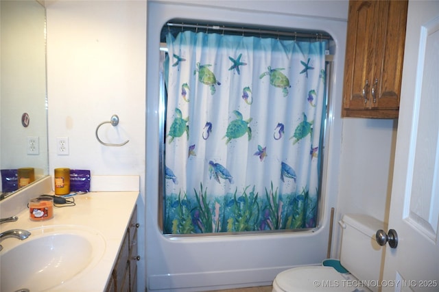 full bath with toilet, vanity, and shower / bathtub combination with curtain