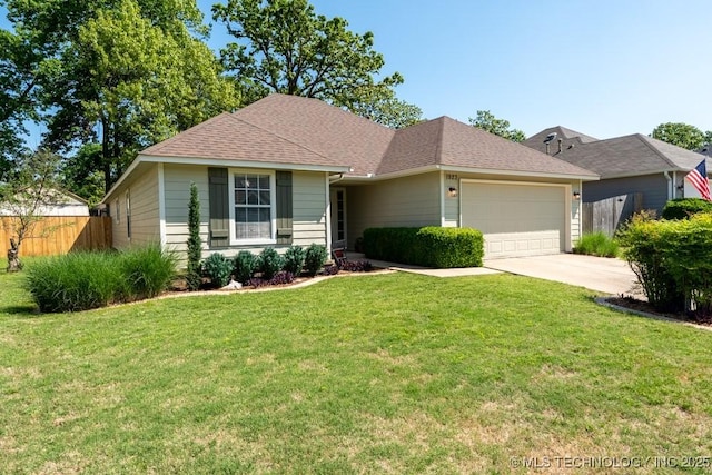 single story home featuring a front lawn, a garage, driveway, roof with shingles, and fence