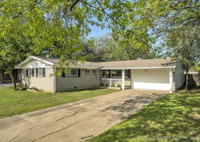 single story home with a front lawn, a porch, concrete driveway, an attached garage, and crawl space