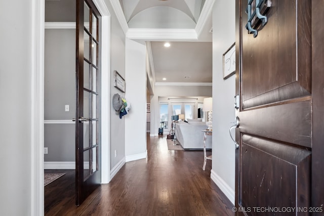 18510 E 46th Pl S, Tulsa, OK 74134 - entrance foyer featuring french doors, dark wood-style floors, recessed lighting, baseboards, and crown molding