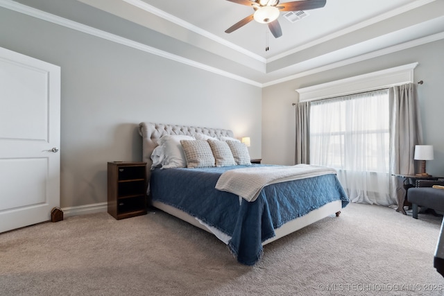 18510 E 46th Pl S, Tulsa, OK 74134 - bedroom featuring carpet floors, a tray ceiling, crown molding, and a ceiling fan