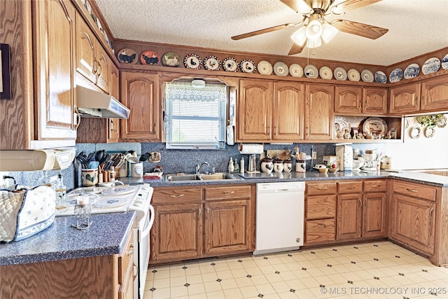 2445 E 156th St N, Skiatook, OK 74070 - kitchen with a sink, dark countertops, white appliances, light floors, and under cabinet range hood