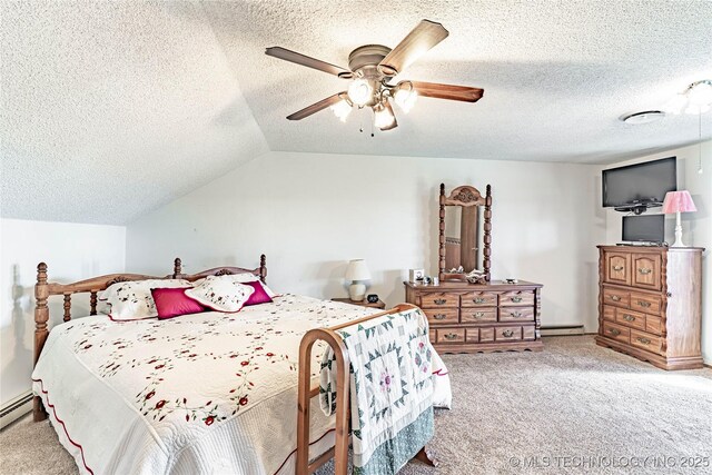 2445 E 156th St N, Skiatook, OK 74070 - bedroom with a baseboard radiator, vaulted ceiling, a textured ceiling, ceiling fan, and carpet