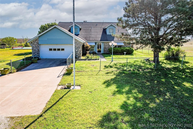 2445 E 156th St N, Skiatook, OK 74070 - view of front facade with fence, concrete driveway, an attached garage, stone siding, and a front yard