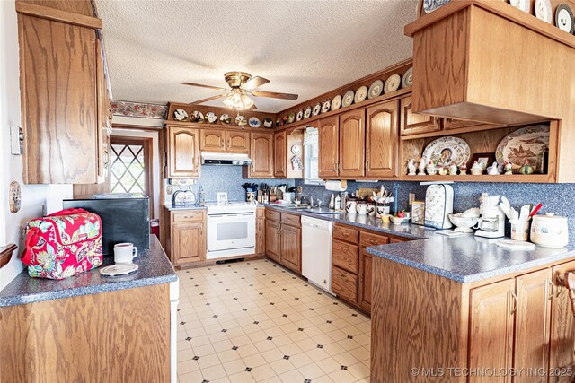 2445 E 156th St N, Skiatook, OK 74070 - kitchen featuring light floors, a ceiling fan, white appliances, open shelves, and under cabinet range hood