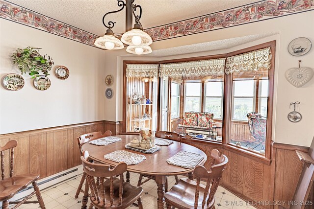 2445 E 156th St N, Skiatook, OK 74070 - dining area featuring a textured ceiling, wood walls, baseboard heating, and wainscoting