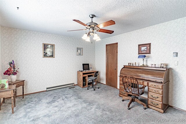 2445 E 156th St N, Skiatook, OK 74070 - carpeted office featuring wallpapered walls, baseboard heating, a textured ceiling, and ceiling fan