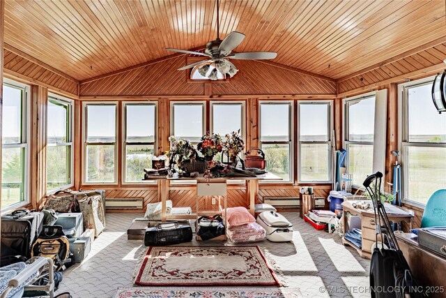 2445 E 156th St N, Skiatook, OK 74070 - sunroom / solarium featuring lofted ceiling, carpet floors, wood walls, and baseboard heating