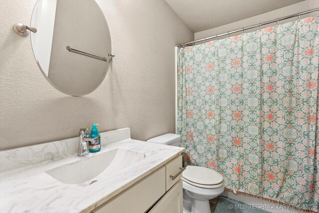 7201 S Joshua Ave, Broken Arrow, OK 74011 - bathroom with a shower with curtain, toilet, a textured wall, and vanity