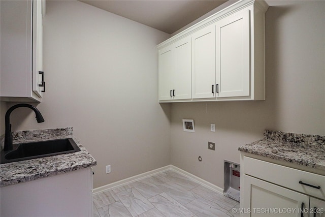 1440 Mabelle Dr, Sapulpa, OK 74066 - washroom featuring a sink, hookup for a gas dryer, electric dryer hookup, cabinet space, and washer hookup