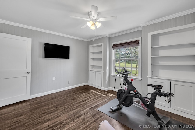 3334 S Wheeling Ave, Tulsa, OK 74105 - workout area featuring ceiling fan, built in shelves, ornamental molding, and baseboards