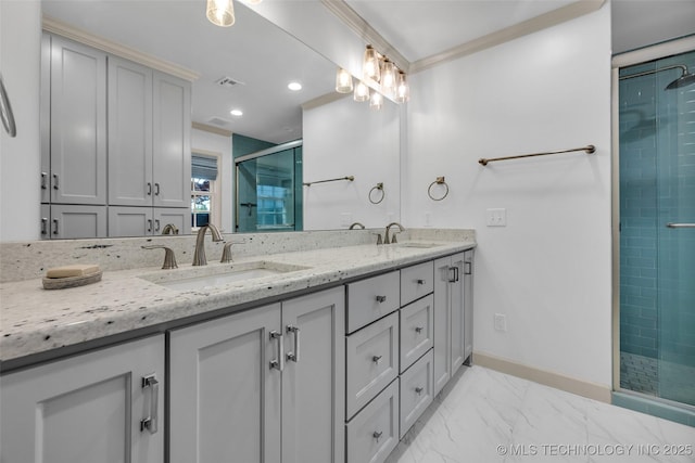 3334 S Wheeling Ave, Tulsa, OK 74105 - bathroom with double vanity, a shower stall, marble finish floor, and a sink