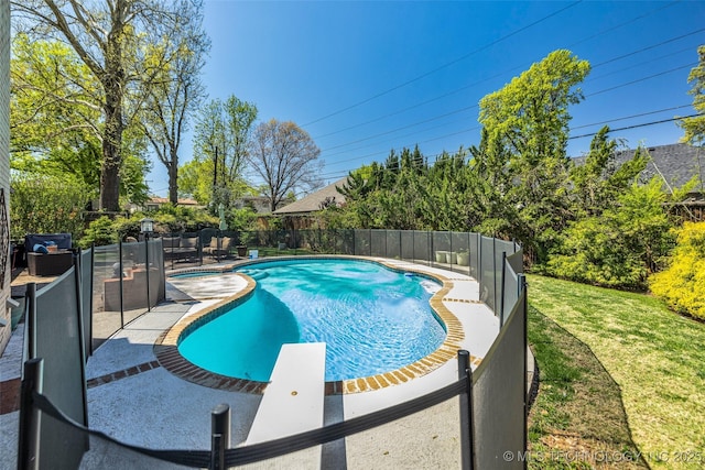 3334 S Wheeling Ave, Tulsa, OK 74105 - view of pool featuring a patio area, a diving board, a fenced in pool, a yard, and fence