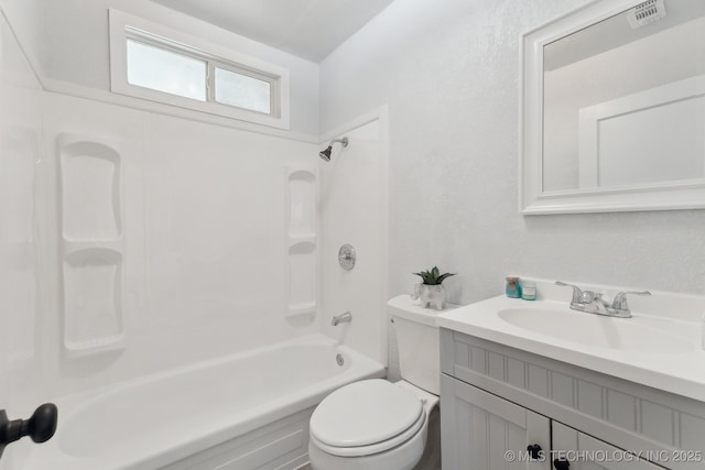 full bathroom featuring visible vents, toilet, shower / tub combination, and vanity