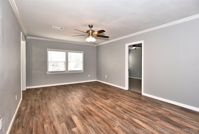 unfurnished room with crown molding, ceiling fan, dark wood-style floors, and visible vents