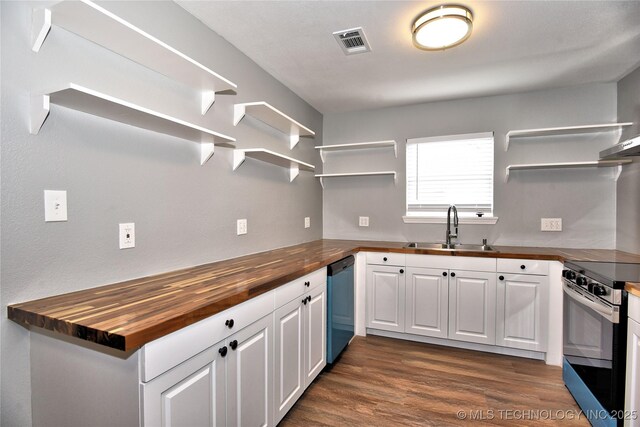 kitchen with a sink, open shelves, wood counters, and stainless steel electric range oven