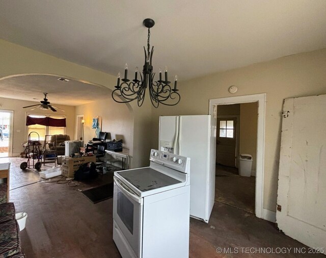 kitchen with ceiling fan with notable chandelier, open floor plan, white appliances, arched walkways, and white cabinetry