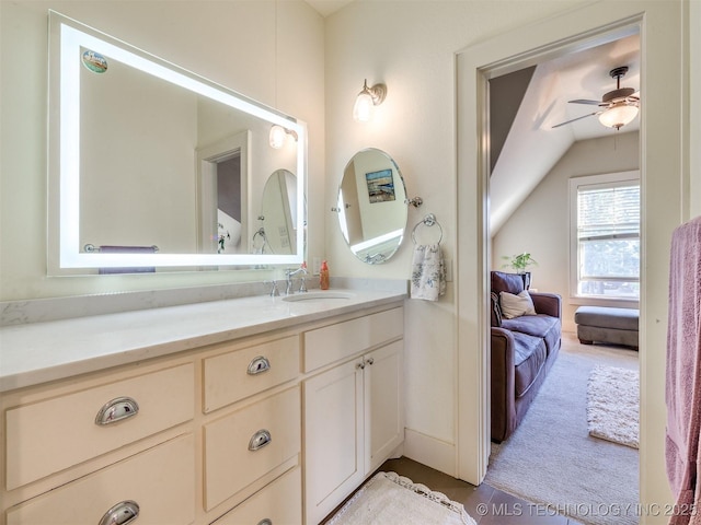 55 Boardwalk, Carlton Landing, OK 74432 - bathroom with a ceiling fan, vanity, and lofted ceiling