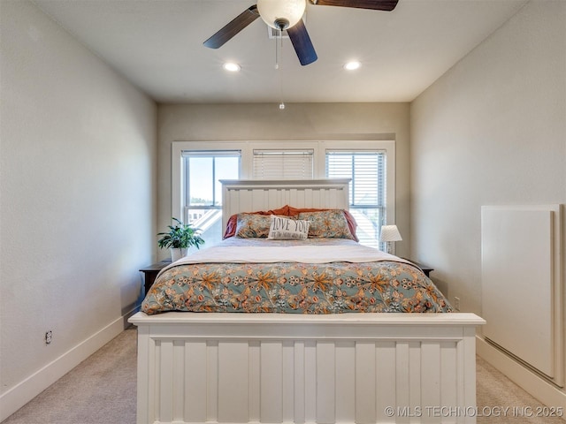 55 Boardwalk, Carlton Landing, OK 74432 - bedroom featuring light colored carpet, multiple windows, baseboards, recessed lighting, and ceiling fan