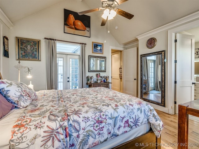 55 Boardwalk, Carlton Landing, OK 74432 - bedroom featuring wood finished floors, access to exterior, high vaulted ceiling, and ceiling fan