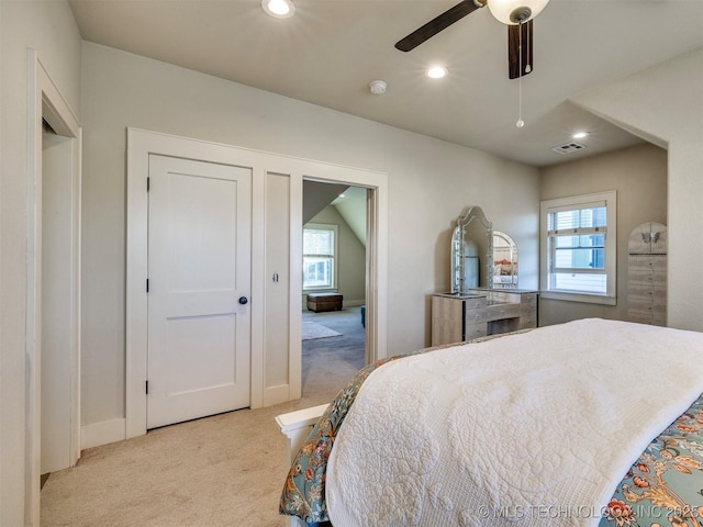 55 Boardwalk, Carlton Landing, OK 74432 - bedroom with carpet floors, multiple windows, recessed lighting, baseboards, and ceiling fan