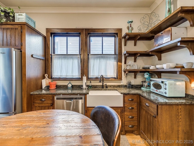 55 Boardwalk, Carlton Landing, OK 74432 - kitchen with appliances with stainless steel finishes, a sink, brown cabinets, open shelves, and ornamental molding