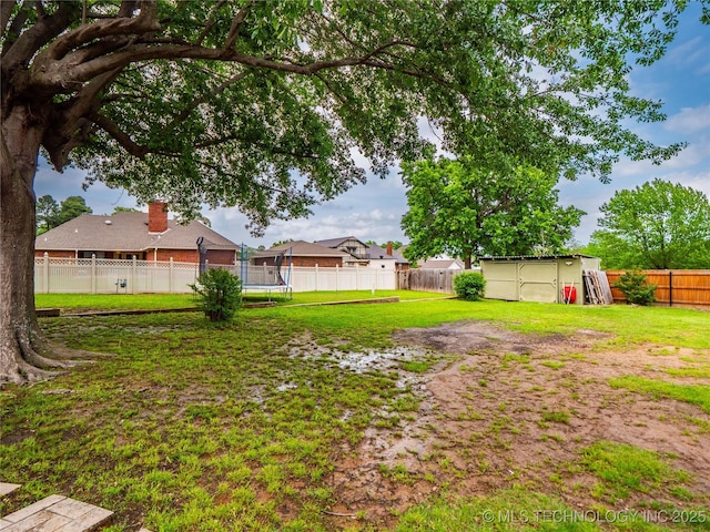 509 Dove Dr, Mcalester, OK 74501 - view of yard featuring a fenced backyard, a trampoline, and an outbuilding