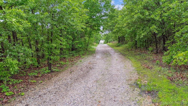 view of road featuring a wooded view