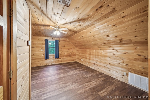 additional living space featuring dark wood finished floors, ceiling fan, visible vents, wood ceiling, and wood walls