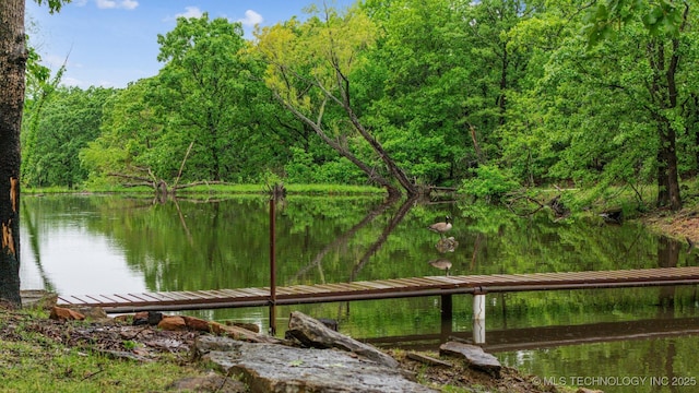 view of dock featuring a water view and a view of trees