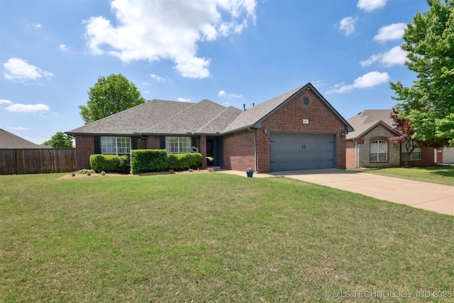 ranch-style home featuring fence, an attached garage, a front lawn, brick siding, and concrete driveway