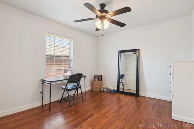 home office with baseboards, a ceiling fan, and wood finished floors