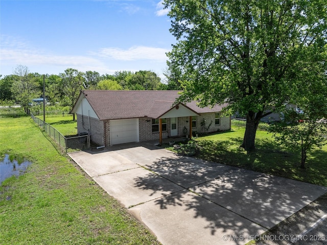 single story home featuring brick siding, fence, driveway, and a garage