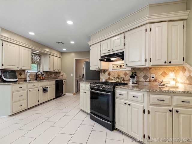 kitchen with range with gas stovetop, visible vents, under cabinet range hood, dishwasher, and backsplash