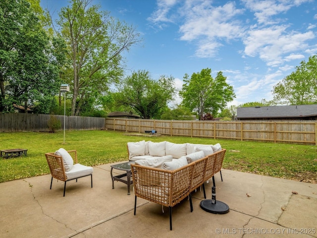 view of patio / terrace featuring an outdoor hangout area and a fenced backyard