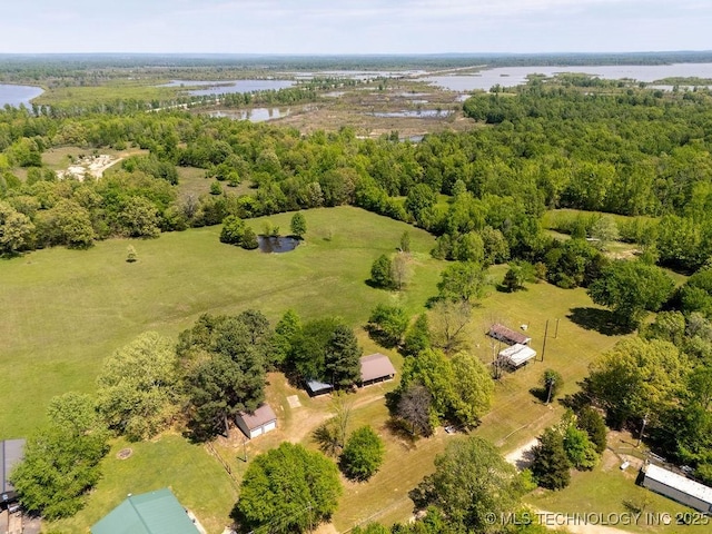 bird's eye view with a water view