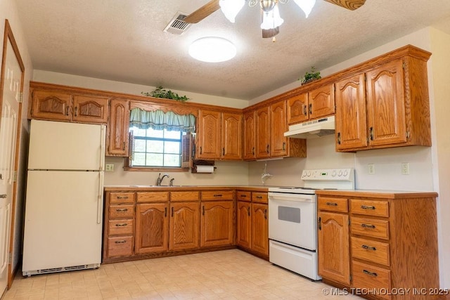 kitchen featuring a sink, brown cabinets, under cabinet range hood, and white appliances